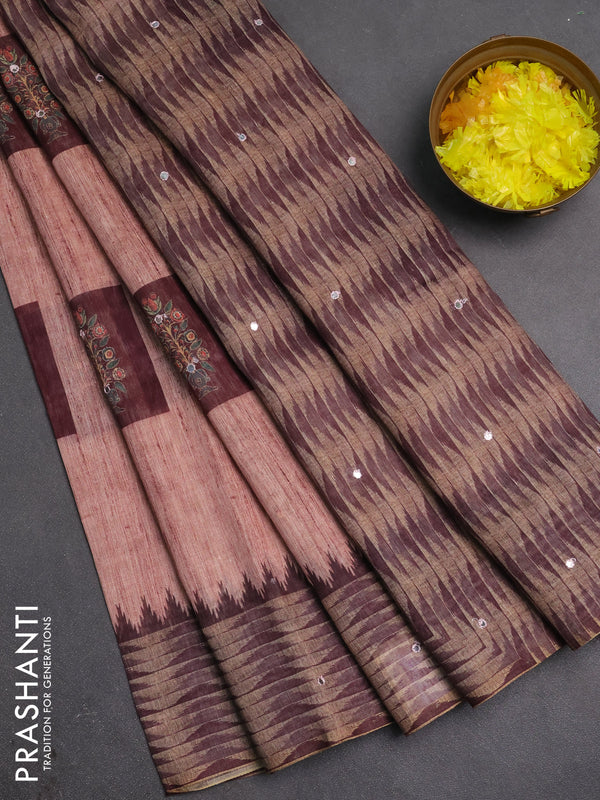 Linen cotton saree pastel maroon and wine shade with allover prints & mirror work and mirror work border
