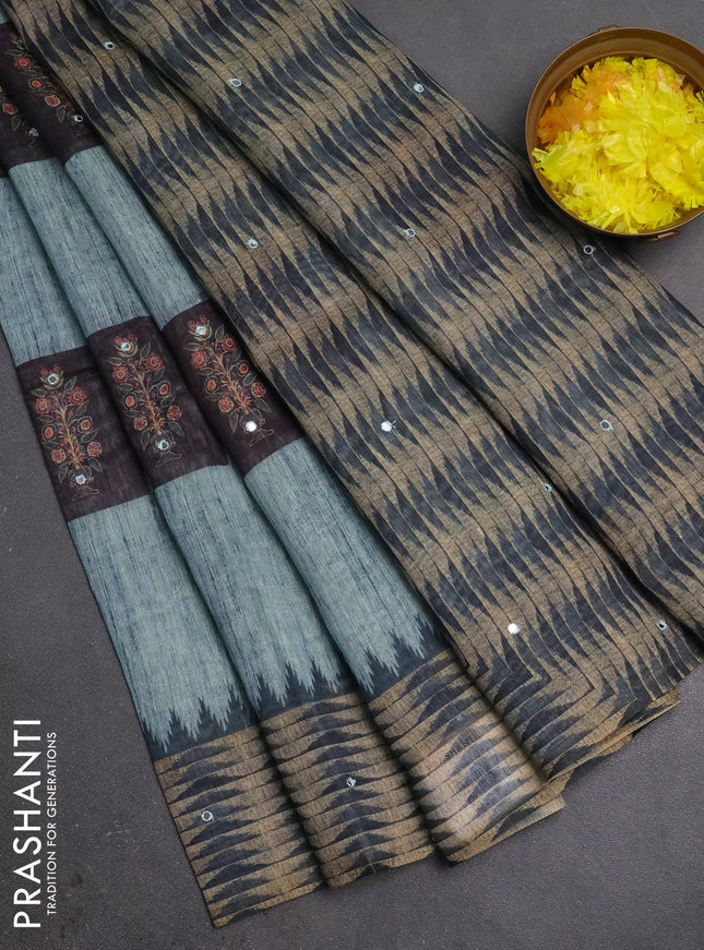Linen cotton saree bluish grey and dark grey with allover prints & mirror work and mirror work border