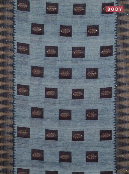 Linen cotton saree bluish grey and dark grey with allover prints & mirror work and mirror work border