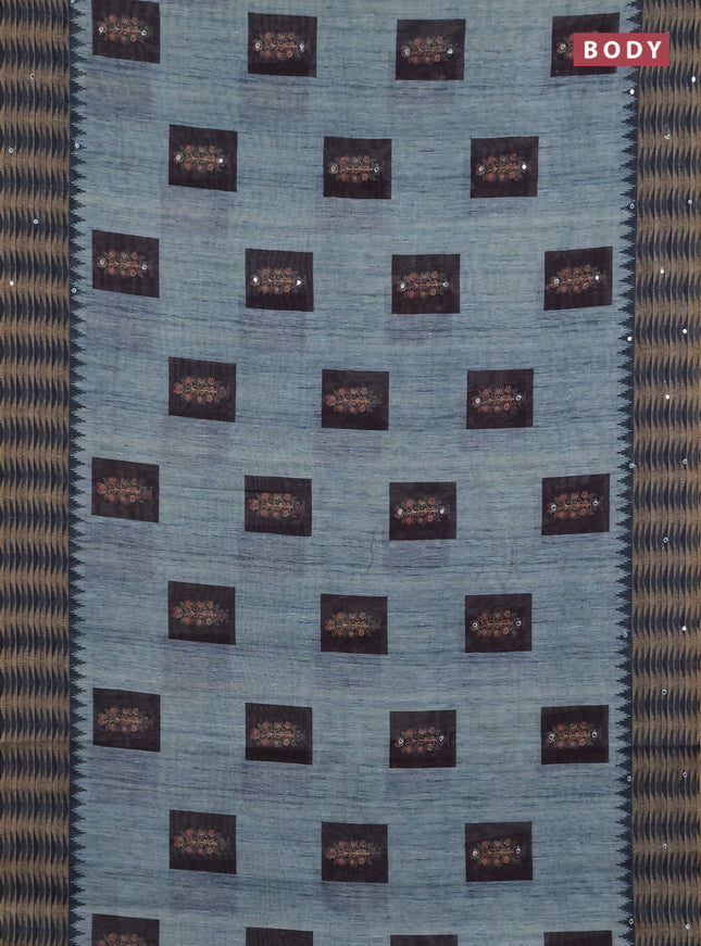 Linen cotton saree bluish grey and dark grey with allover prints & mirror work and mirror work border