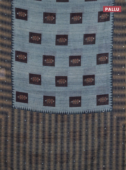 Linen cotton saree bluish grey and dark grey with allover prints & mirror work and mirror work border