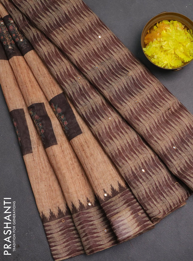 Linen cotton saree sandal and wine shade with allover prints & mirror work and mirror work border