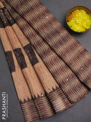 Linen cotton saree sandal and wine shade with allover prints & mirror work and mirror work border