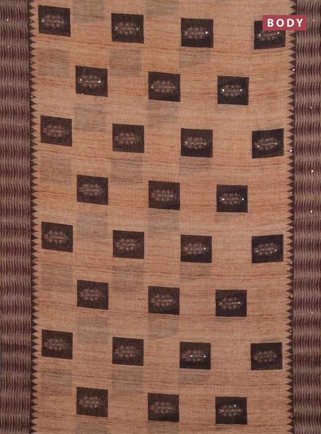 Linen cotton saree sandal and wine shade with allover prints & mirror work and mirror work border