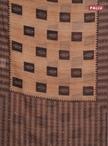 Linen cotton saree sandal and wine shade with allover prints & mirror work and mirror work border