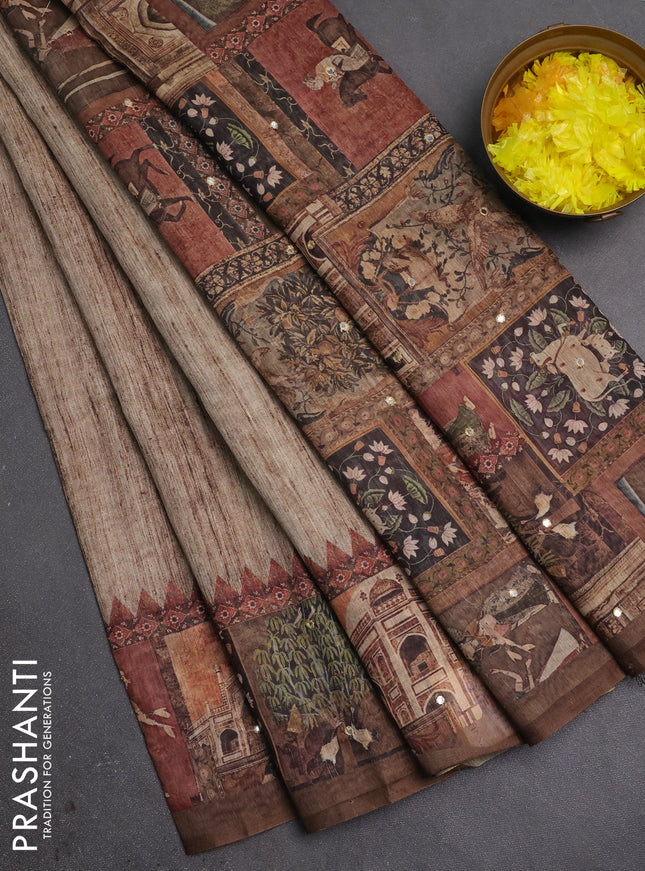 Linen cotton saree sandal and dark sandal with plain body and printed mirror work border