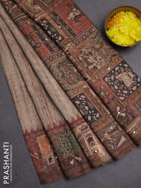 Linen cotton saree sandal and dark sandal with plain body and printed mirror work border