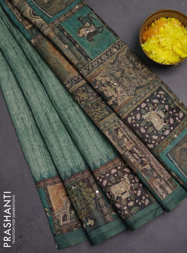 Linen cotton saree green with plain body and printed mirror work border