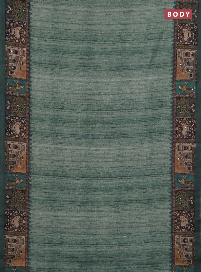 Linen cotton saree green with plain body and printed mirror work border