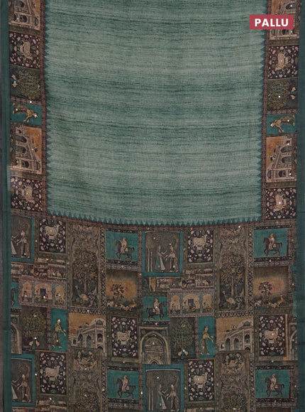Linen cotton saree green with plain body and printed mirror work border