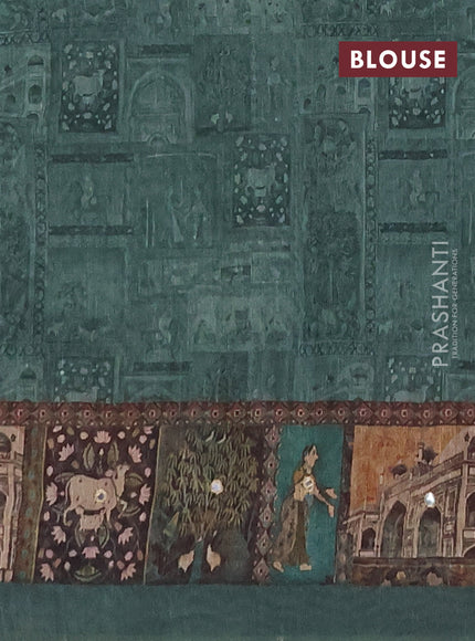 Linen cotton saree green with plain body and printed mirror work border
