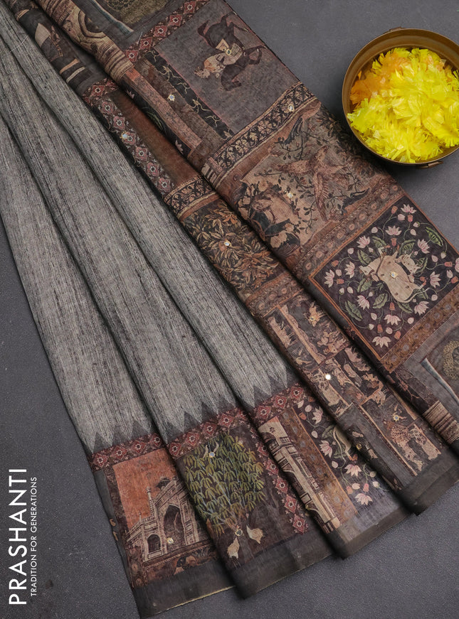 Linen cotton saree grey and dark grey with plain body and printed mirror work border
