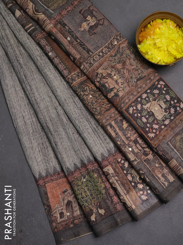 Linen cotton saree grey and dark grey with plain body and printed mirror work border