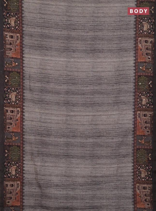 Linen cotton saree grey and dark grey with plain body and printed mirror work border