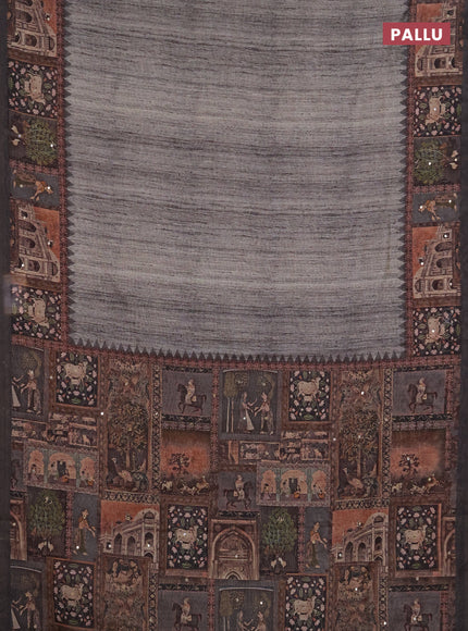 Linen cotton saree grey and dark grey with plain body and printed mirror work border