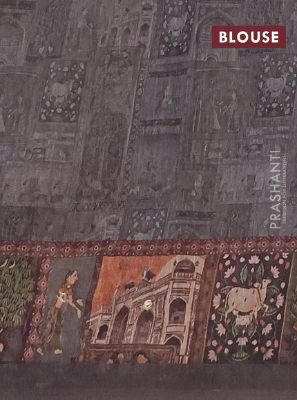 Linen cotton saree grey and dark grey with plain body and printed mirror work border