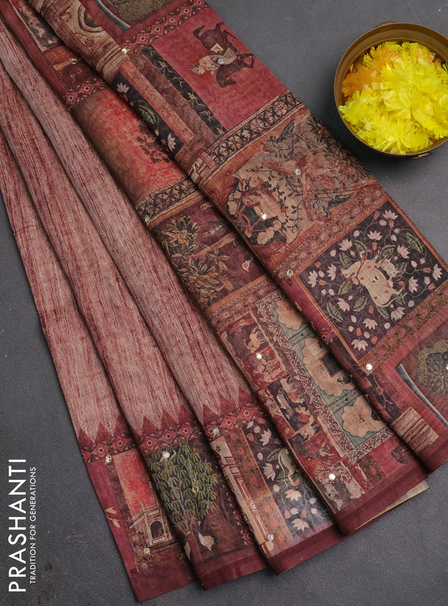 Linen cotton saree pastel maroon and wine shade with plain body and printed mirror work border