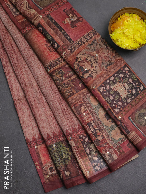 Linen cotton saree pastel maroon and wine shade with plain body and printed mirror work border