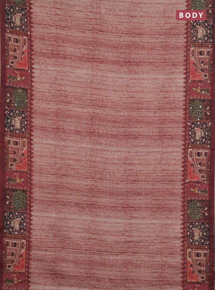 Linen cotton saree pastel maroon and wine shade with plain body and printed mirror work border