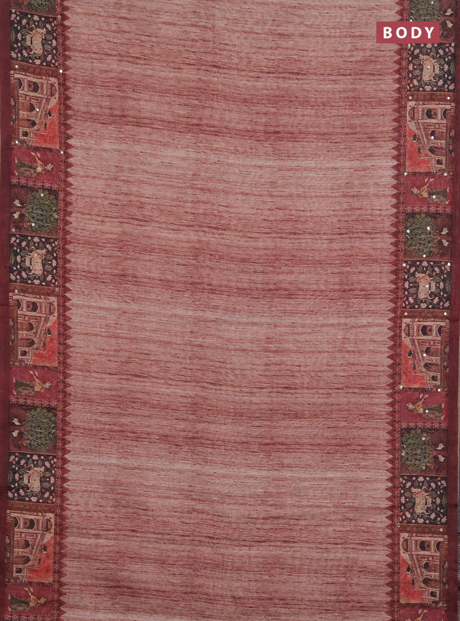 Linen cotton saree pastel maroon and wine shade with plain body and printed mirror work border