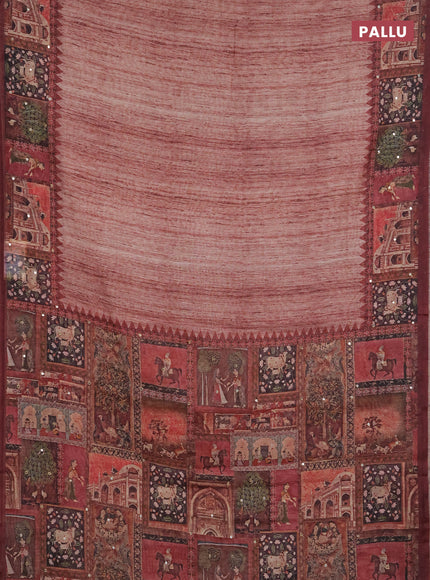 Linen cotton saree pastel maroon and wine shade with plain body and printed mirror work border