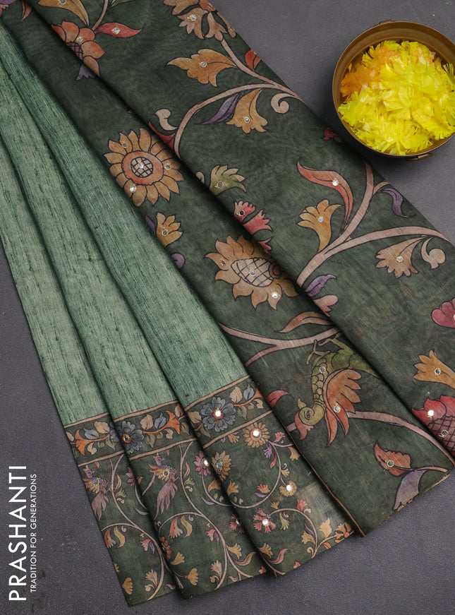 Linen cotton saree green and bottle green with plain body and printed mirror work border