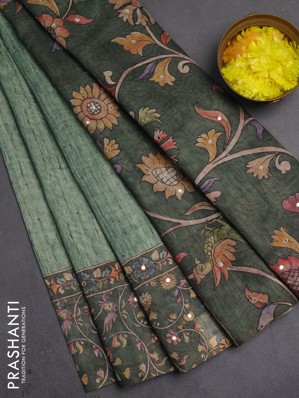 Linen cotton saree green and bottle green with plain body and printed mirror work border