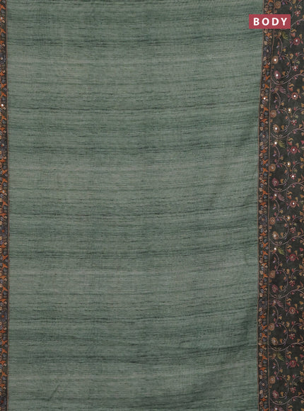 Linen cotton saree green and bottle green with plain body and printed mirror work border