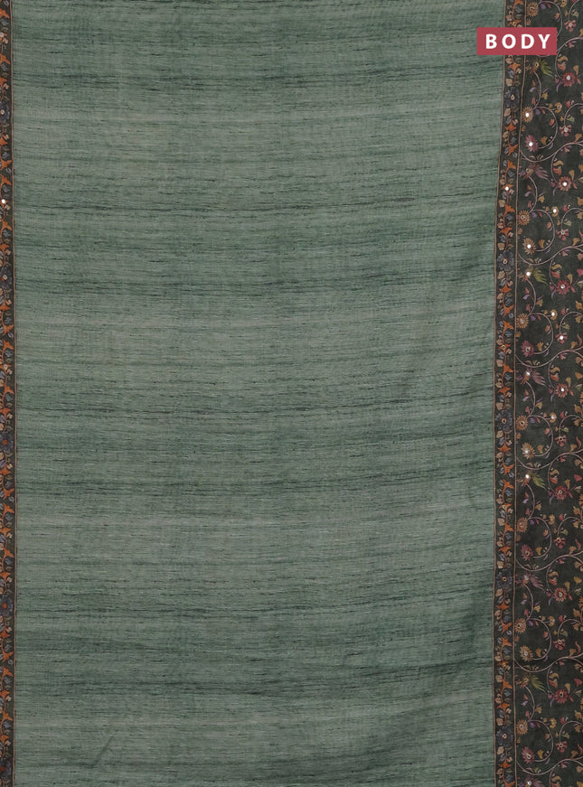 Linen cotton saree green and bottle green with plain body and printed mirror work border