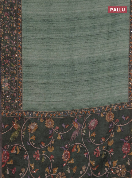 Linen cotton saree green and bottle green with plain body and printed mirror work border
