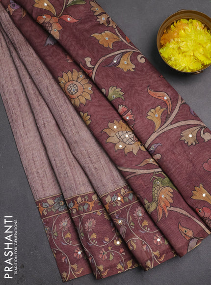 Linen cotton saree pastel maroon and maroon with plain body and printed mirror work border