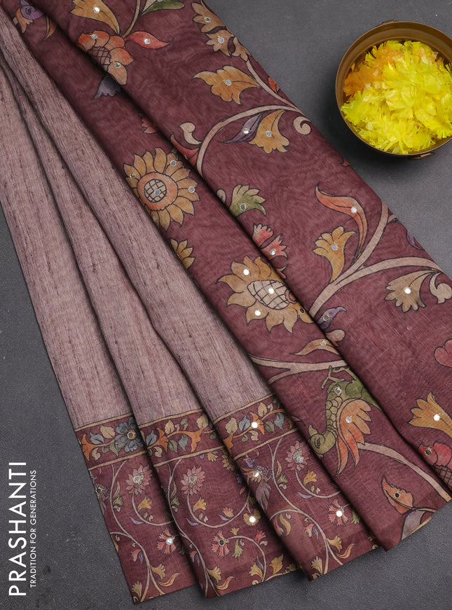 Linen cotton saree pastel maroon and maroon with plain body and printed mirror work border