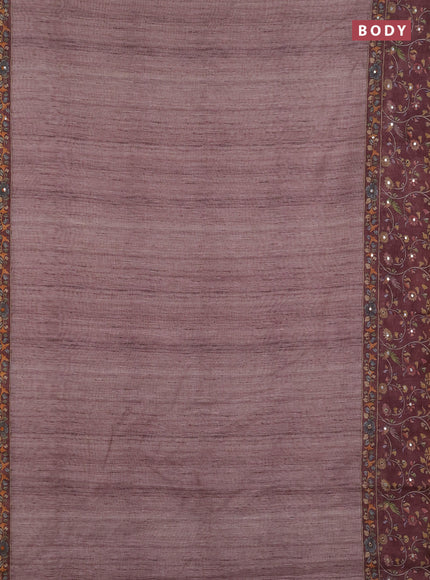 Linen cotton saree pastel maroon and maroon with plain body and printed mirror work border