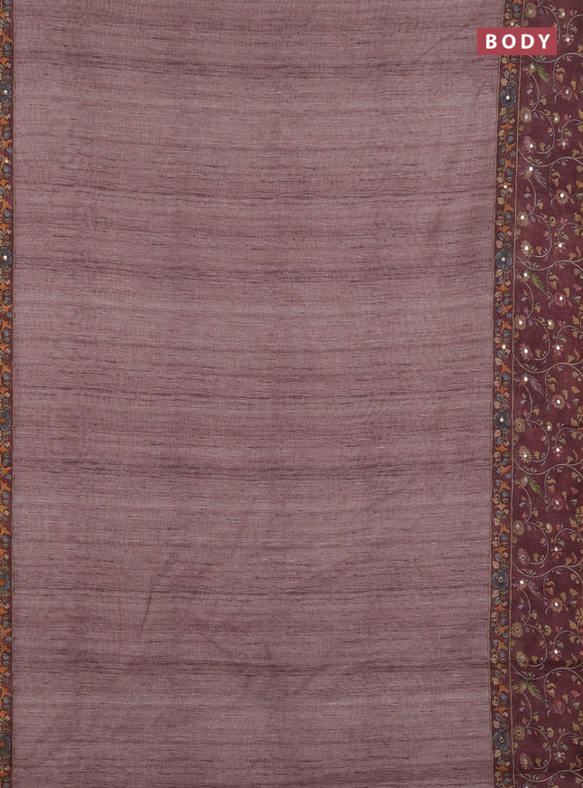 Linen cotton saree pastel maroon and maroon with plain body and printed mirror work border