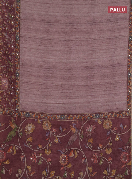 Linen cotton saree pastel maroon and maroon with plain body and printed mirror work border