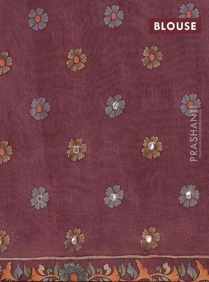 Linen cotton saree pastel maroon and maroon with plain body and printed mirror work border