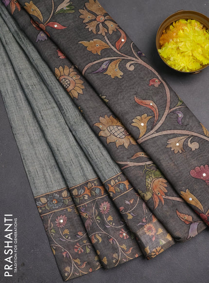 Linen cotton saree pastel grey and grey with plain body and printed mirror work border
