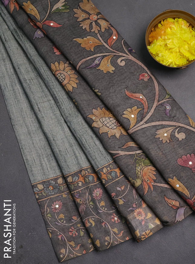 Linen cotton saree pastel grey and grey with plain body and printed mirror work border