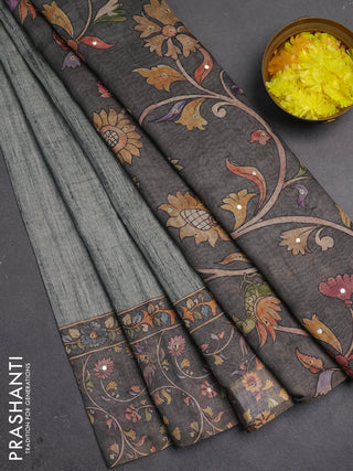 Linen cotton saree pastel grey and grey with plain body and printed mirror work border