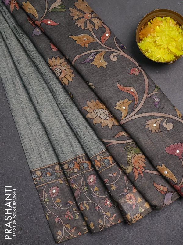 Linen cotton saree pastel grey and grey with plain body and printed mirror work border