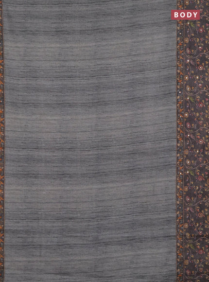 Linen cotton saree pastel grey and grey with plain body and printed mirror work border