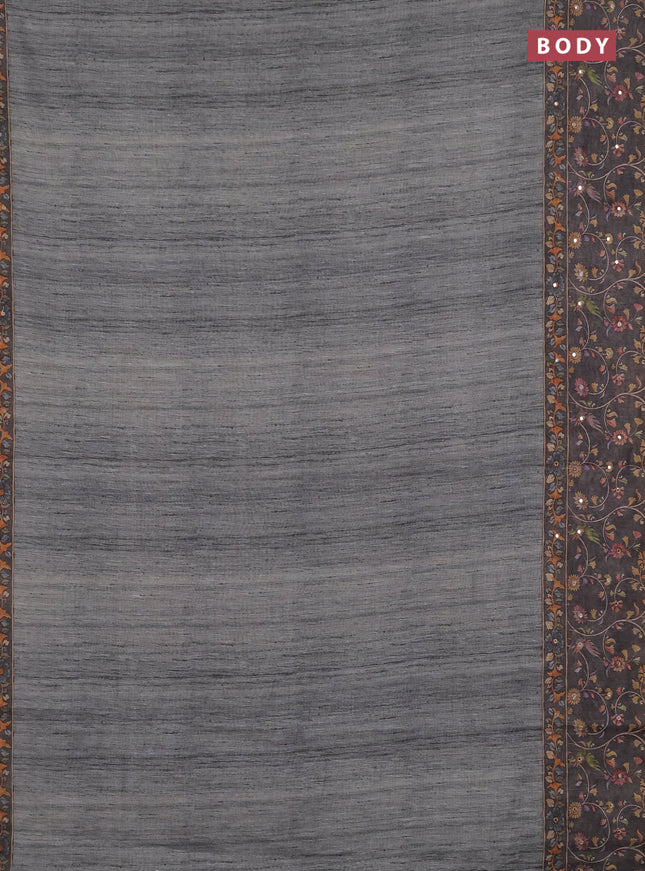 Linen cotton saree pastel grey and grey with plain body and printed mirror work border