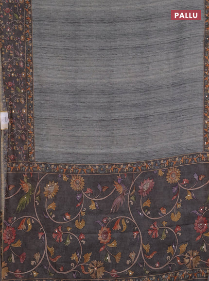 Linen cotton saree pastel grey and grey with plain body and printed mirror work border