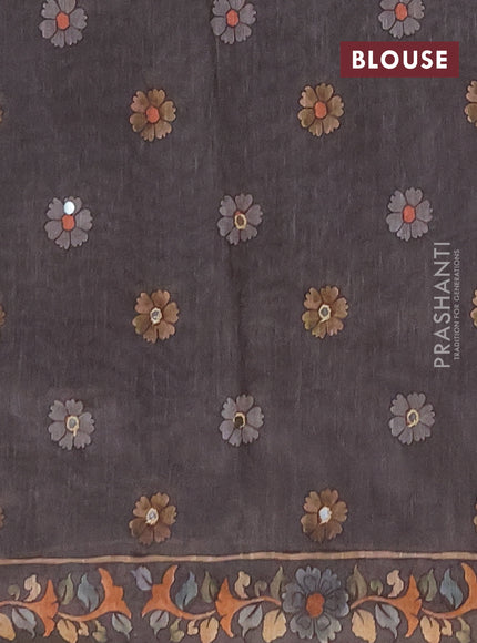 Linen cotton saree pastel grey and grey with plain body and printed mirror work border