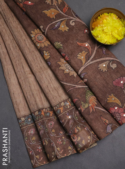 Linen cotton saree sandal and dark sandal with plain body and printed mirror work border
