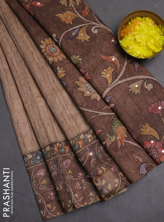 Linen cotton saree sandal and dark sandal with plain body and printed mirror work border