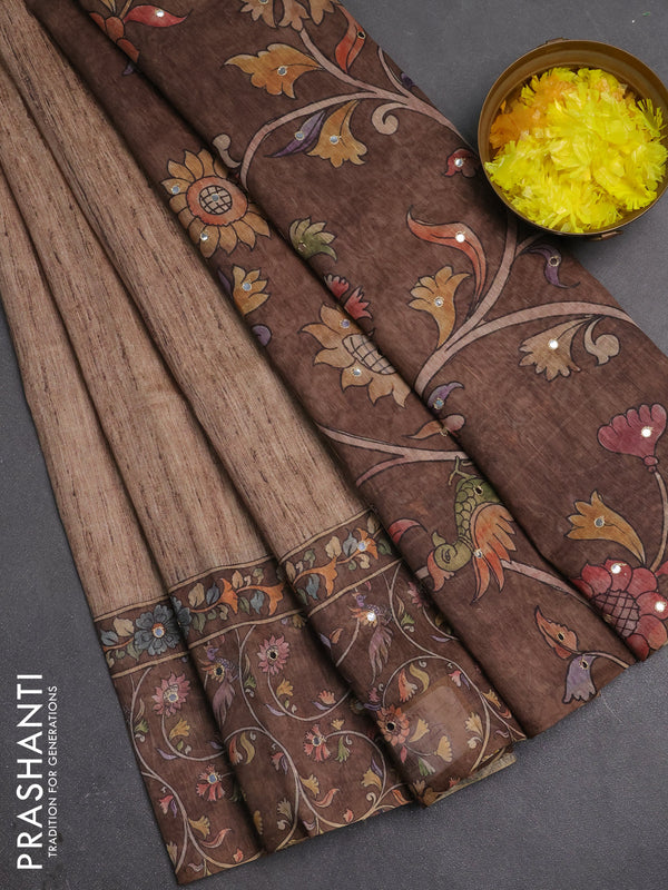 Linen cotton saree sandal and dark sandal with plain body and printed mirror work border