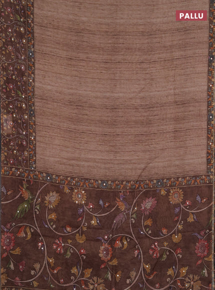 Linen cotton saree sandal and dark sandal with plain body and printed mirror work border