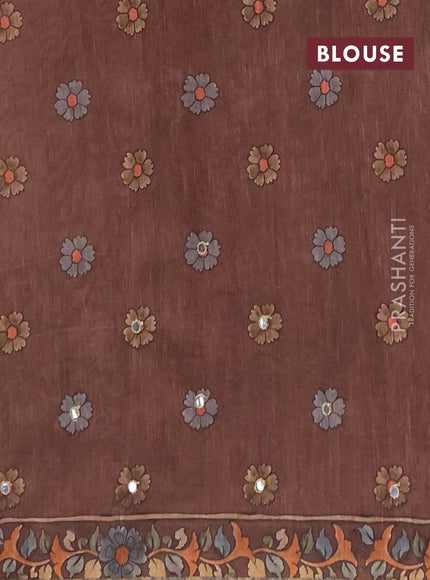 Linen cotton saree sandal and dark sandal with plain body and printed mirror work border
