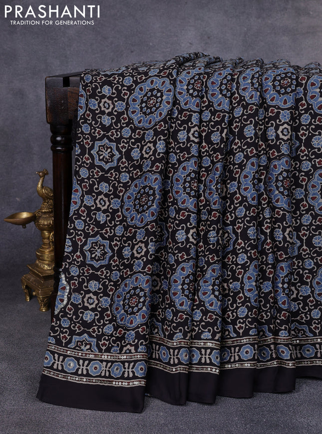 Modal silk saree black with allover ajrakh prints & sequin work and mirror sequin work pallu